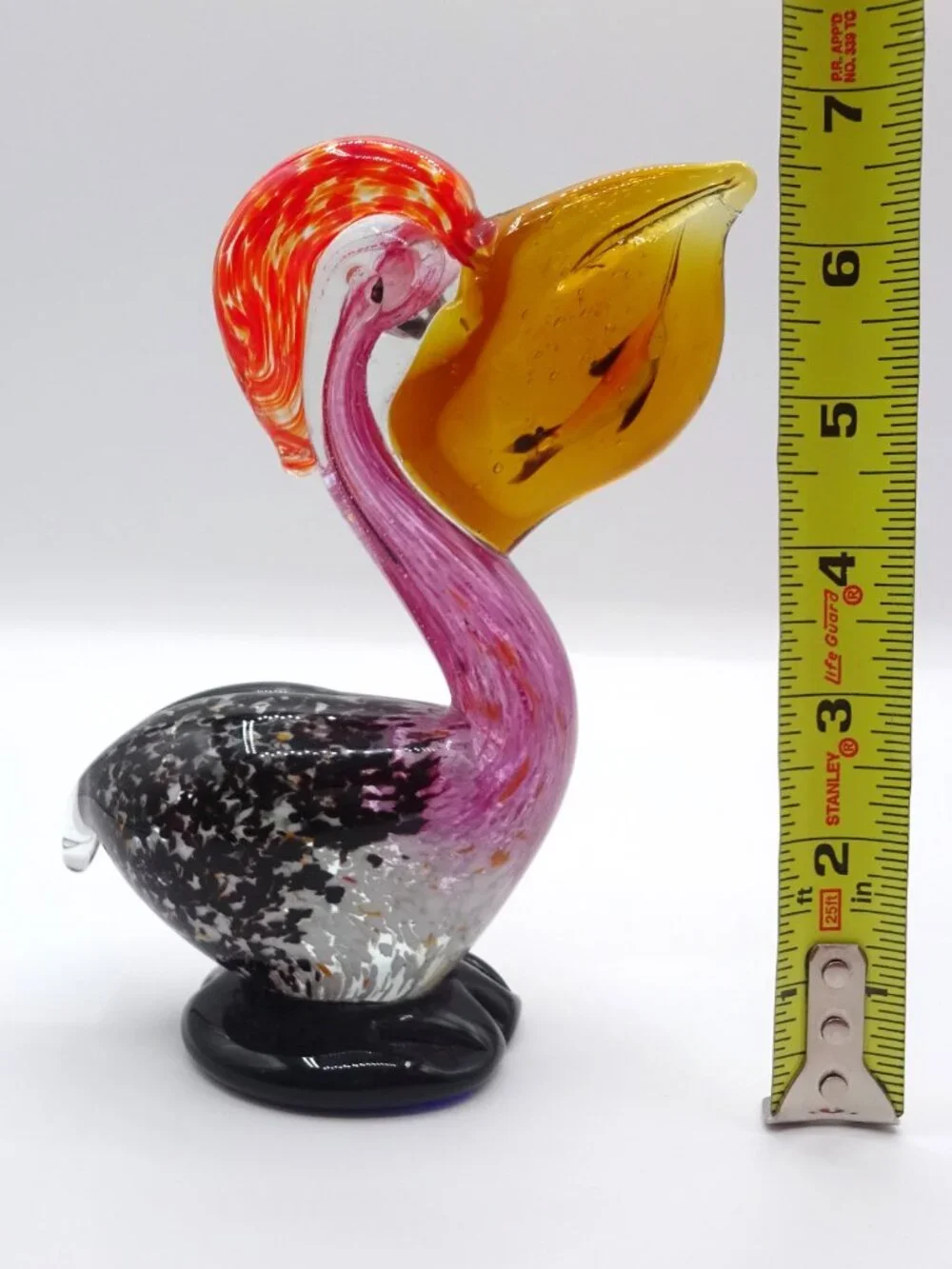 Murano Style Art Glass Pelican Figurine Hand Blown Pink Amber Black Speckled 7